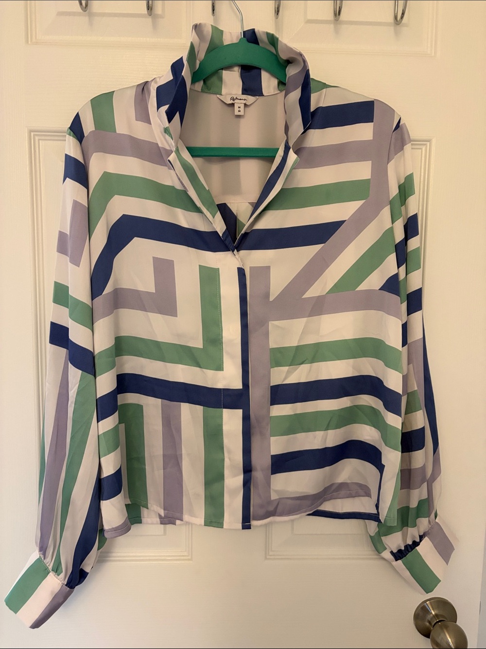 Reitmans White Blouse with Navy, Green & Lavender Stripes